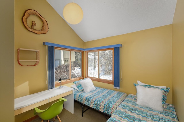 carpeted bedroom with lofted ceiling