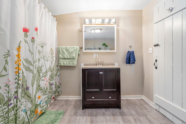 bathroom with vanity and wood-type flooring