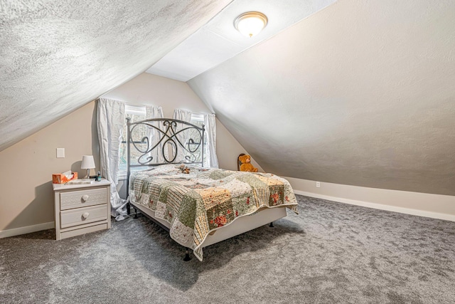 carpeted bedroom with lofted ceiling and a textured ceiling