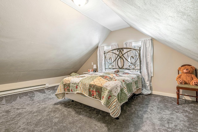 carpeted bedroom with a textured ceiling, vaulted ceiling, and baseboard heating