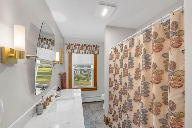 bathroom featuring vanity, a baseboard radiator, toilet, and curtained shower