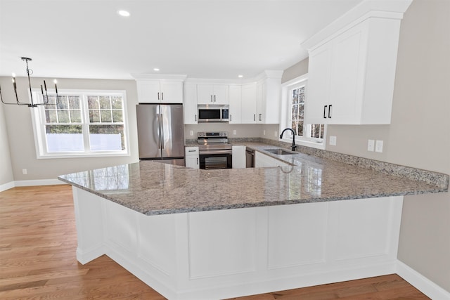 kitchen featuring kitchen peninsula, sink, white cabinets, and stainless steel appliances