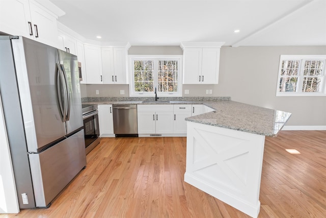 kitchen featuring white cabinets, sink, light stone counters, kitchen peninsula, and stainless steel appliances