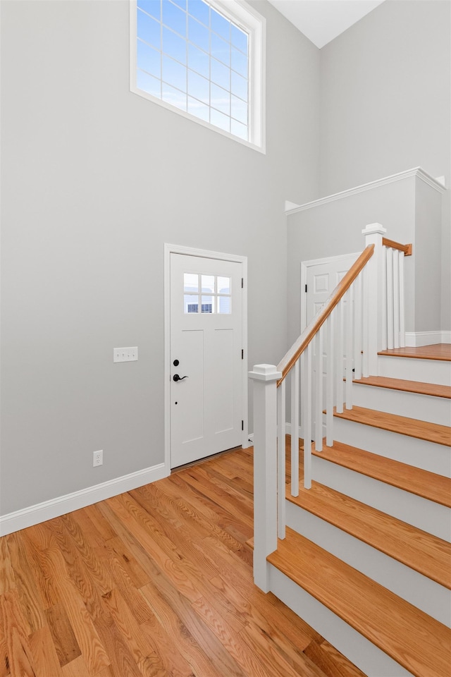 entryway with light hardwood / wood-style floors and a high ceiling