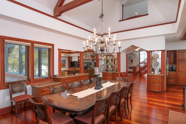 51 E Ash Rd, Plymouth, VT 05056 - dining room featuring beam ceiling, an inviting chandelier, and dark wood-type flooring