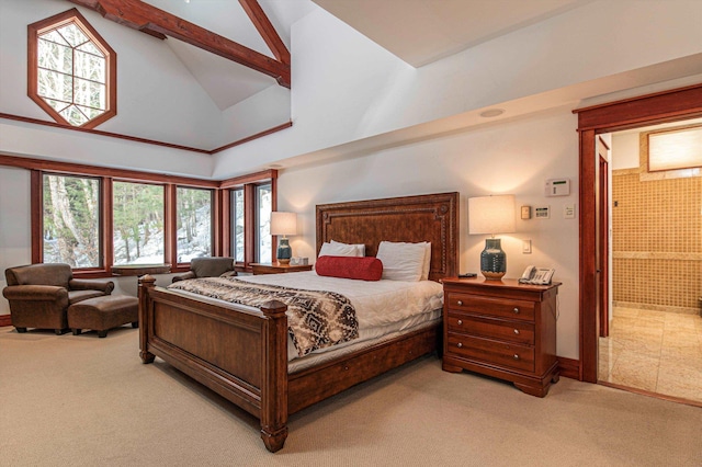 51 E Ash Rd, Plymouth, VT 05056 - bedroom featuring beam ceiling, light carpet, high vaulted ceiling, and ensuite bath