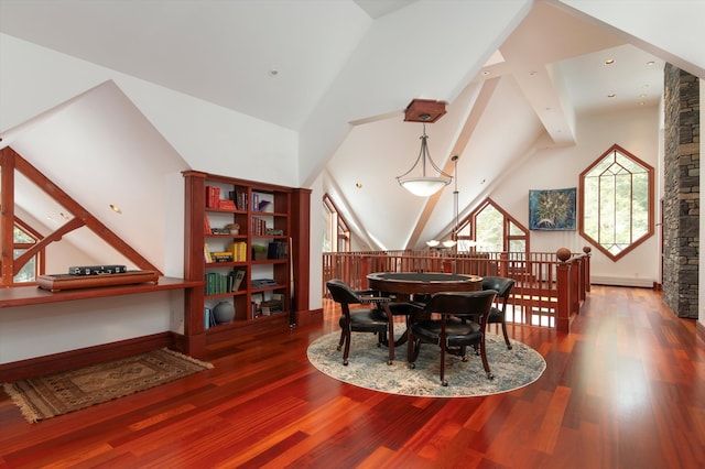 51 E Ash Rd, Plymouth, VT 05056 - dining space with hardwood / wood-style flooring and high vaulted ceiling