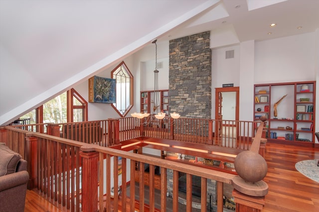 51 E Ash Rd, Plymouth, VT 05056 - interior space featuring a chandelier, wood-type flooring, and high vaulted ceiling