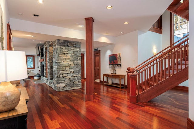 51 E Ash Rd, Plymouth, VT 05056 - interior space with hardwood / wood-style floors and decorative columns