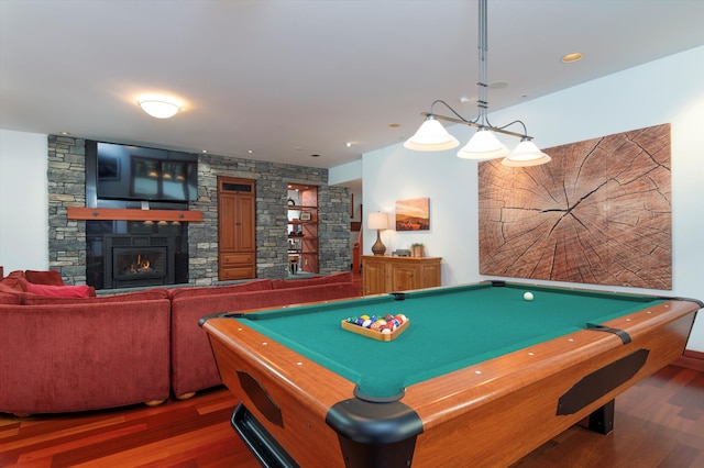 51 E Ash Rd, Plymouth, VT 05056 - rec room featuring a stone fireplace, dark wood-type flooring, and billiards