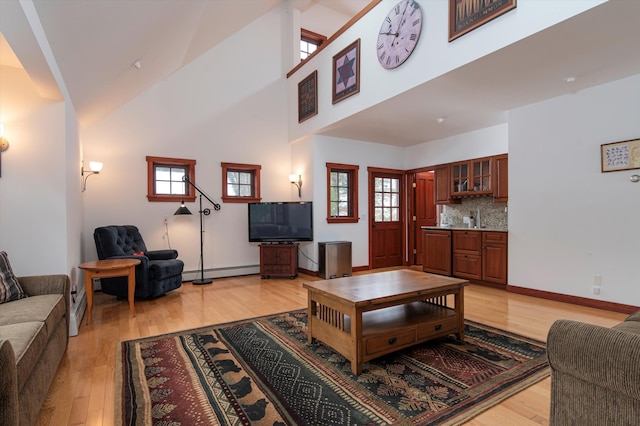 51 E Ash Rd, Plymouth, VT 05056 - living room with sink, a towering ceiling, baseboard heating, and light hardwood / wood-style flooring