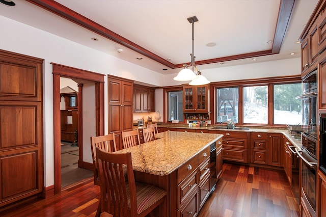 51 E Ash Rd, Plymouth, VT 05056 - kitchen featuring dark hardwood / wood-style floors, a tray ceiling, pendant lighting, a kitchen bar, and a kitchen island