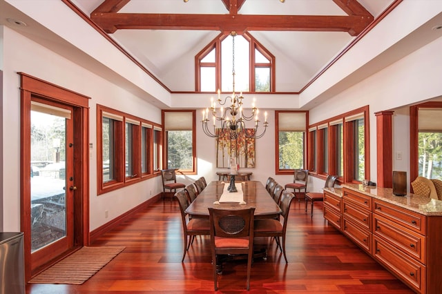 51 E Ash Rd, Plymouth, VT 05056 - dining space with ornate columns, a high ceiling, an inviting chandelier, dark hardwood / wood-style flooring, and beamed ceiling