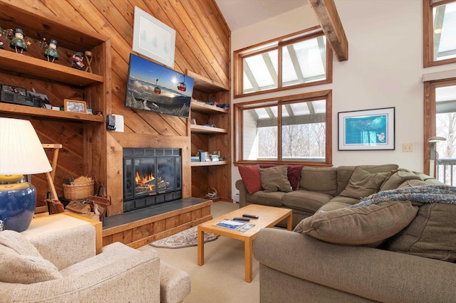 360 Okemo Trailside Ext Unit 37C, Ludlow, VT 05149 - living room with carpet flooring, a tiled fireplace, and lofted ceiling