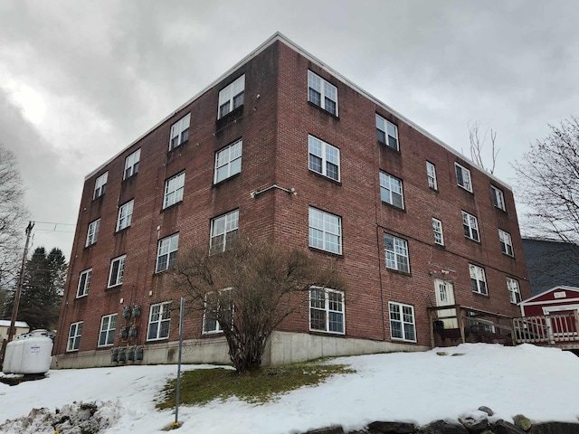 view of snow covered building