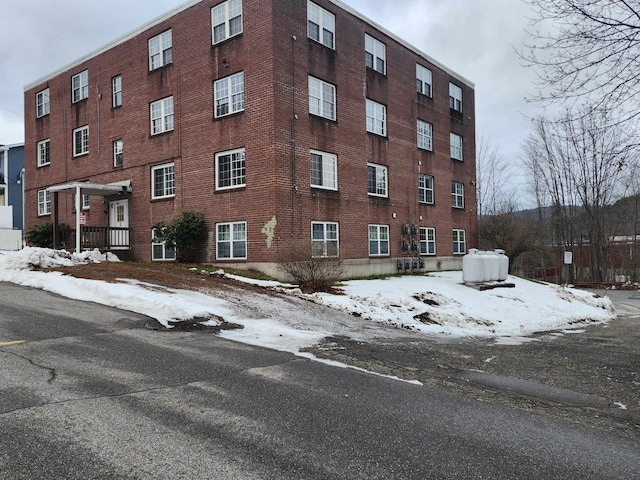 view of snow covered building