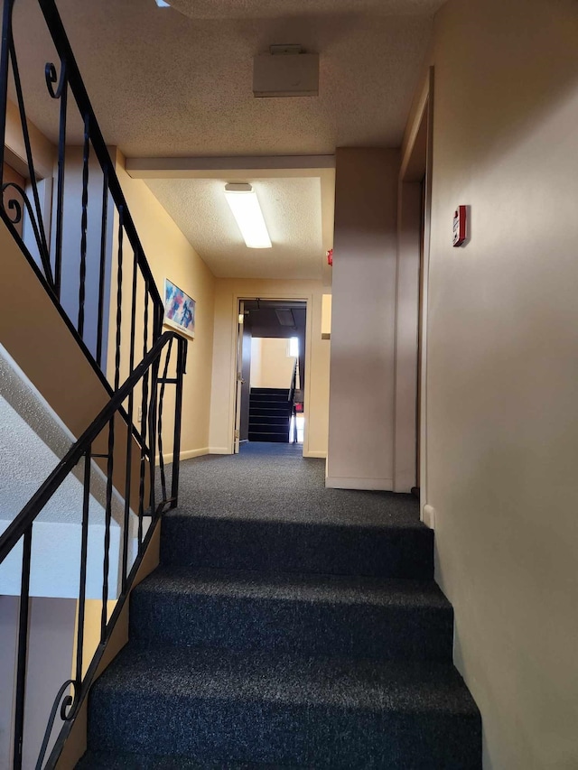 stairs featuring carpet floors and a textured ceiling