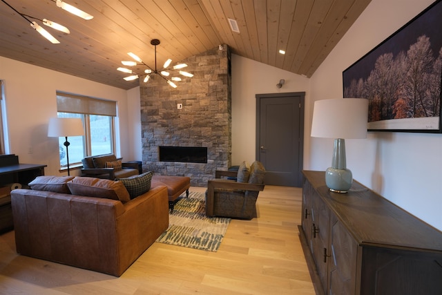 living room with a chandelier, vaulted ceiling, wooden ceiling, light wood-type flooring, and a fireplace