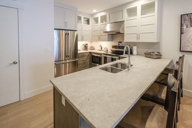 kitchen featuring sink, appliances with stainless steel finishes, white cabinetry, range hood, and kitchen peninsula