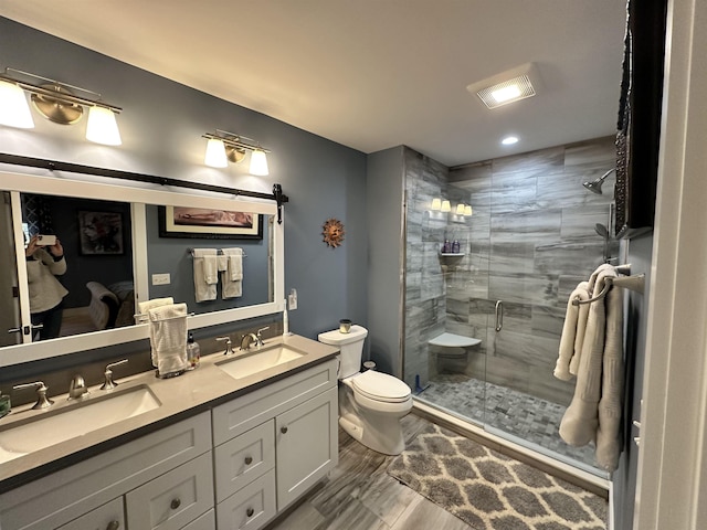 bathroom featuring toilet, vanity, and walk in shower