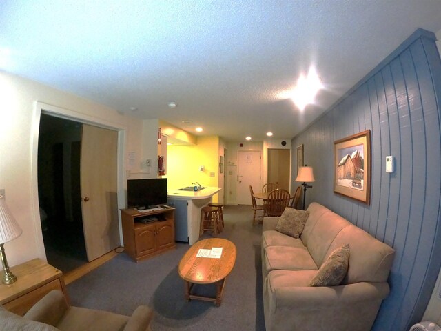 living area featuring light carpet and a textured ceiling