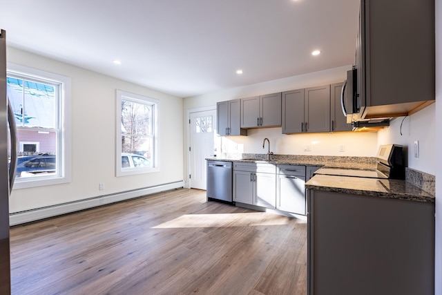 kitchen with sink, stainless steel appliances, baseboard heating, gray cabinets, and light wood-type flooring