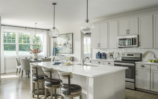 kitchen featuring appliances with stainless steel finishes, an island with sink, a healthy amount of sunlight, and sink