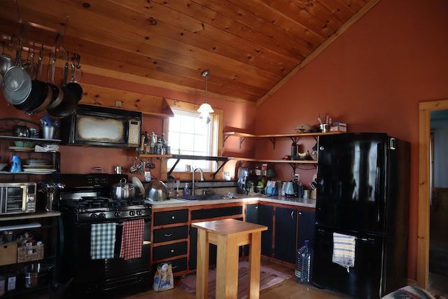 kitchen with lofted ceiling, sink, wood ceiling, black appliances, and decorative light fixtures