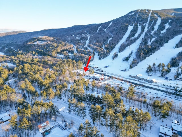 snowy aerial view with a mountain view