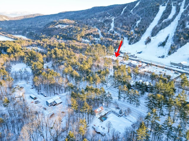 snowy aerial view featuring a mountain view