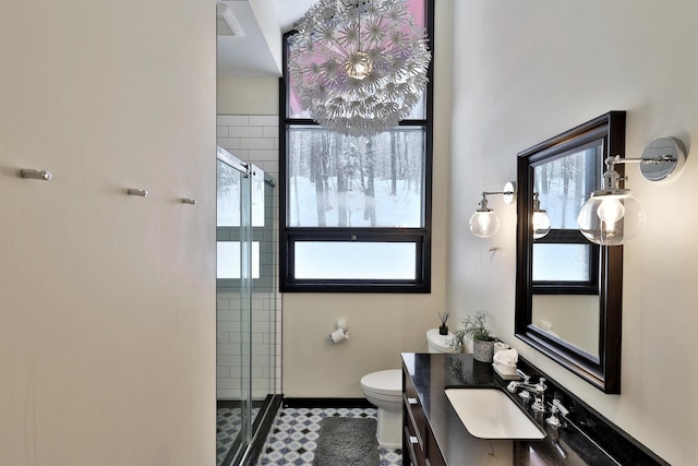 bathroom with vanity, a shower with shower door, and a wealth of natural light