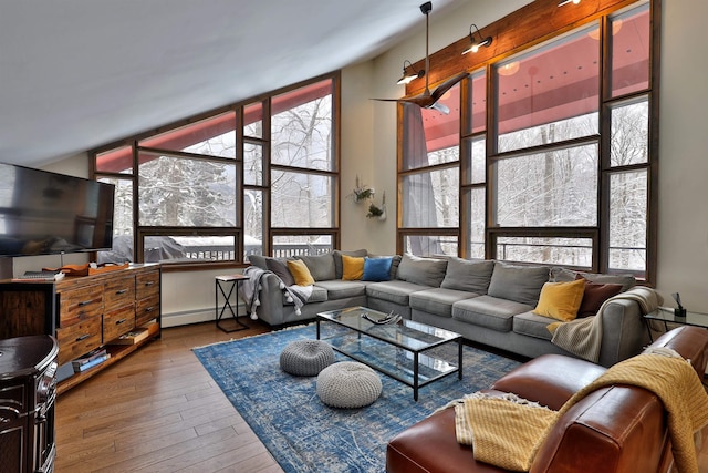 living room with wood-type flooring and baseboard heating