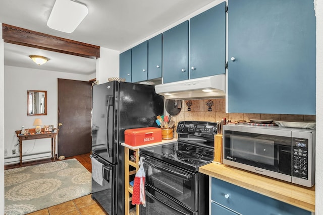 kitchen featuring black appliances, blue cabinets, light tile patterned floors, and a baseboard heating unit