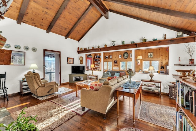 living room featuring beamed ceiling, dark hardwood / wood-style flooring, high vaulted ceiling, and wood ceiling