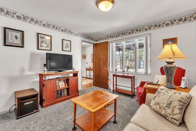 living room with carpet floors and a baseboard radiator