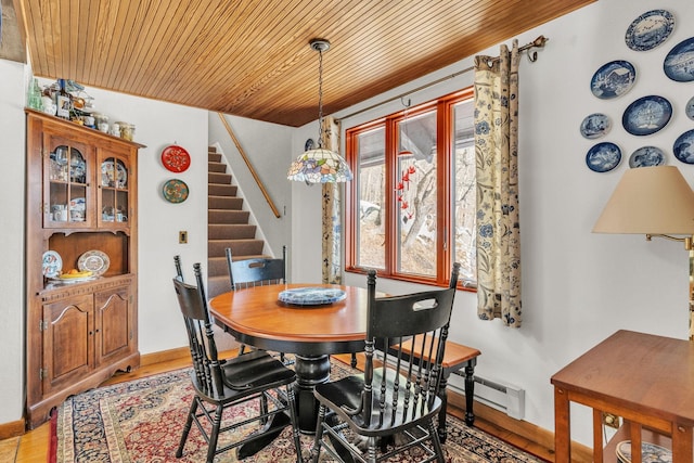 dining room with wooden ceiling and baseboard heating