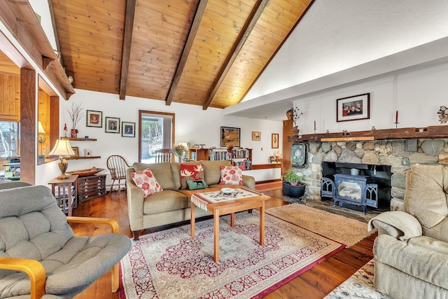 living room with wood ceiling, wood-type flooring, beam ceiling, high vaulted ceiling, and a wood stove