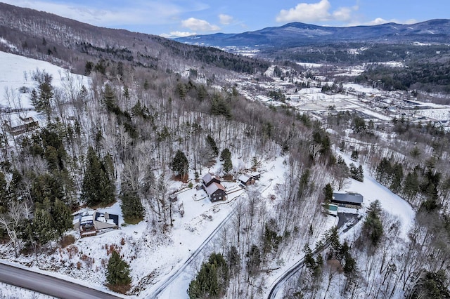 snowy aerial view featuring a mountain view