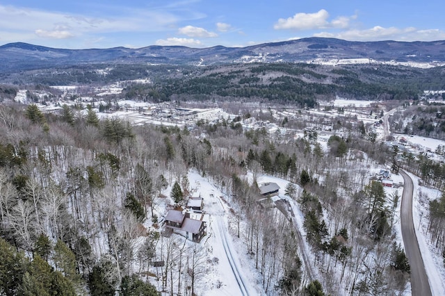 snowy aerial view with a mountain view