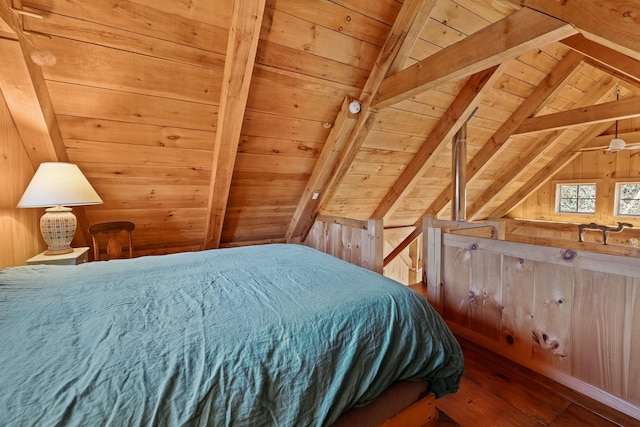 bedroom featuring wood-type flooring, vaulted ceiling with beams, wood ceiling, and wood walls