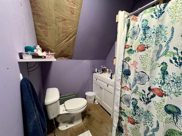 bathroom with vanity, hardwood / wood-style flooring, toilet, and lofted ceiling