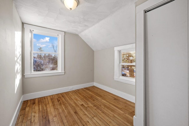 additional living space with a healthy amount of sunlight, light hardwood / wood-style floors, and lofted ceiling