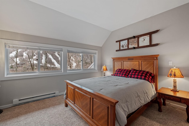 bedroom with light colored carpet, lofted ceiling, and a baseboard heating unit