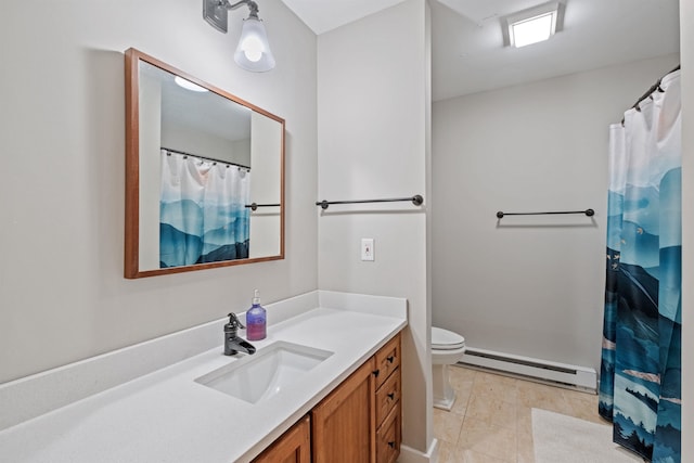 bathroom featuring a shower with shower curtain, vanity, toilet, and a baseboard heating unit