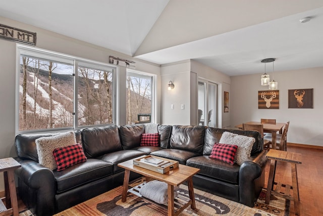 living room with hardwood / wood-style flooring and lofted ceiling