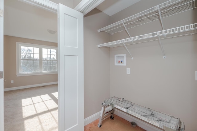 washroom featuring washer hookup and light colored carpet