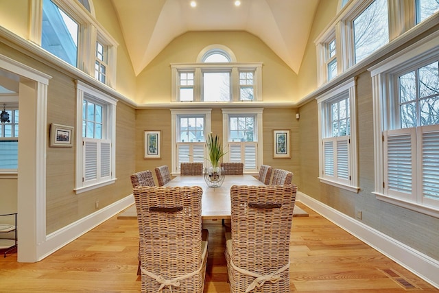 dining space with lofted ceiling, light hardwood / wood-style flooring, and a healthy amount of sunlight