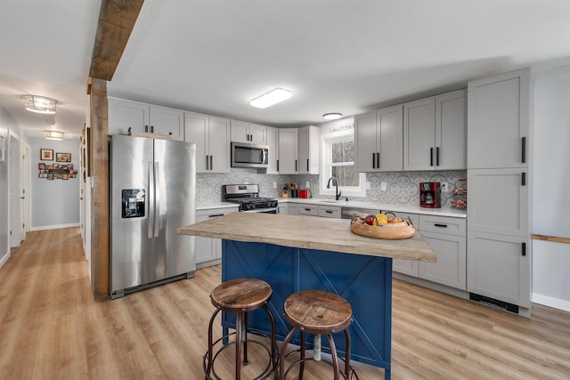 kitchen featuring a center island, backsplash, a kitchen breakfast bar, light hardwood / wood-style floors, and stainless steel appliances