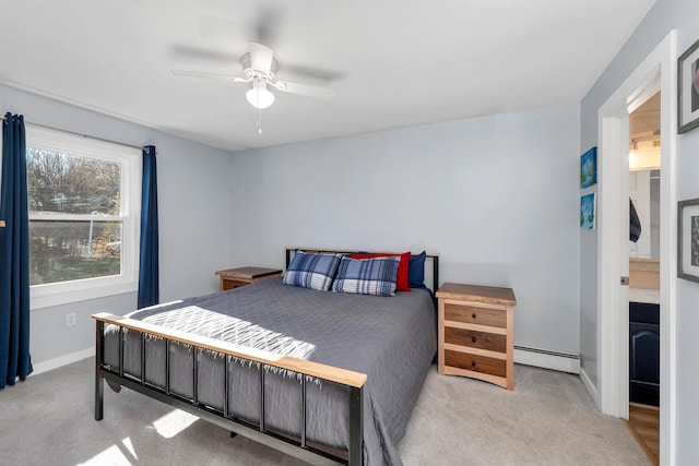 carpeted bedroom with ceiling fan and a baseboard heating unit