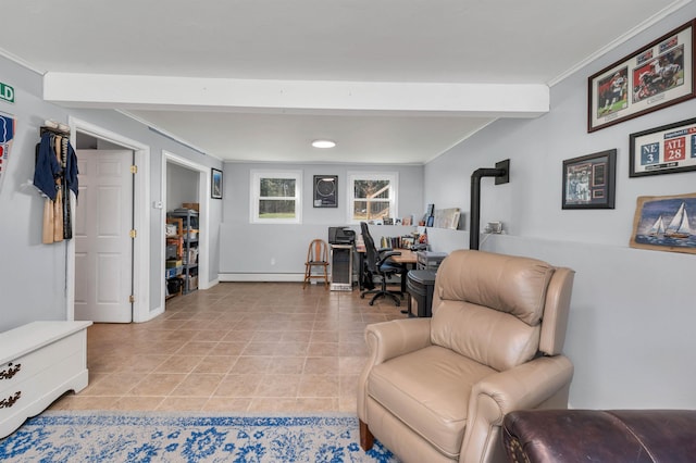 tiled living room featuring a wood stove, crown molding, and a baseboard radiator